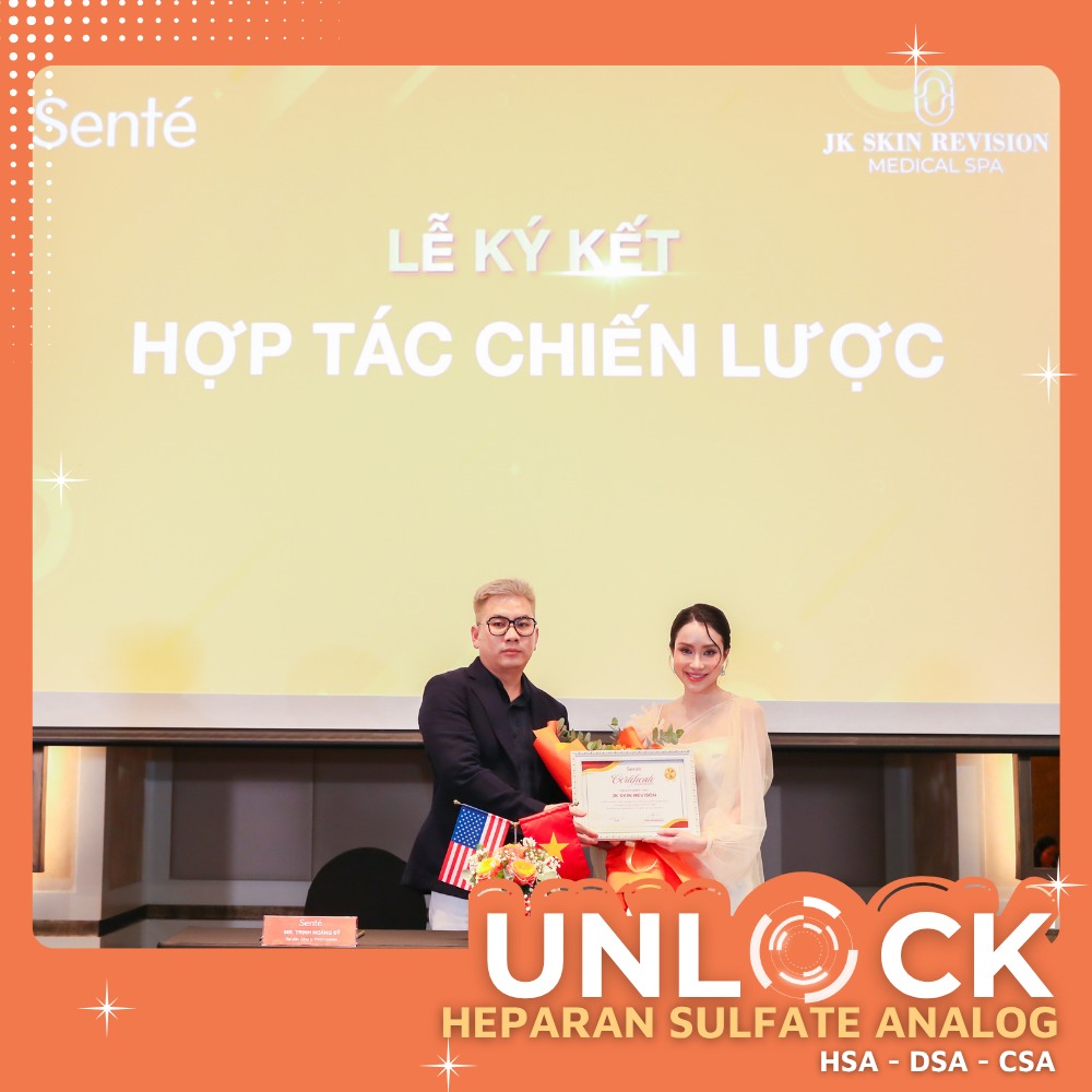 Lễ ký kết đối tác chiến lược giữa Đại diện đơn vị phân phối Senté tại Việt Nam - Ông Trịnh Hoàng Sỹ và Bà Jade Kim Founder JK Skin Revision