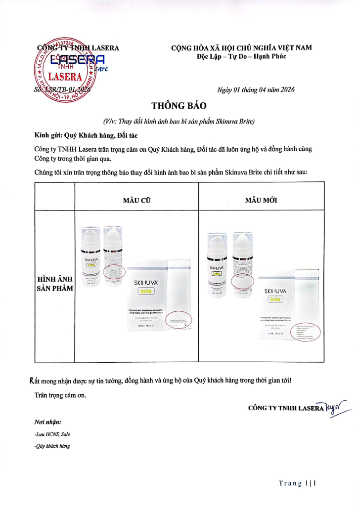 Thông báo thay đổi hình ảnh bao bì sản phẩm Skinuva Brite