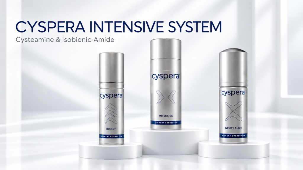 Cyspera Intensive System gồm Intensive, Neutralize và Boost, kết hợp trong quy trình chăm sóc giúp cải thiện vẻ ngoài của các vùng tăng sắc tố.